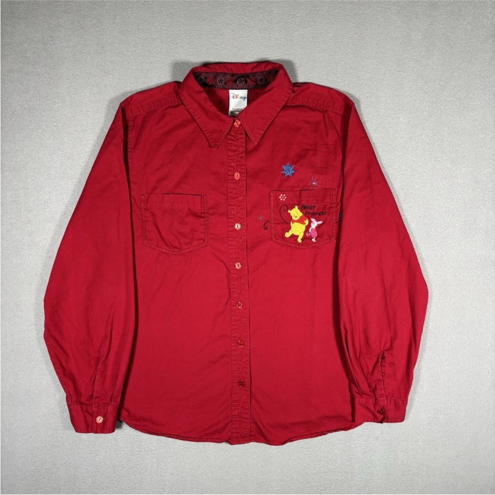Vintage Disney Winnie the Pooh Piglet Shirt Large Red Embroidered Deep Button Up